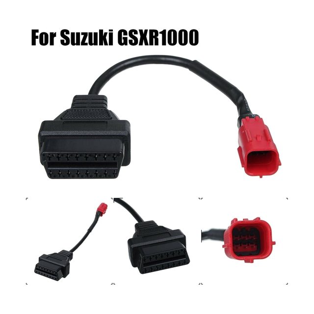Korte adapterkabel voor Suzuki-motorfietsen met een rode 6-polige stekker en een zwarte 16-polige OBD2-aansluiting