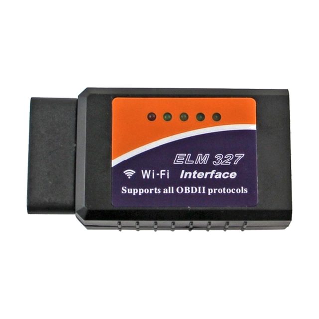 Zwarte ELM327 wifi-adapter met oranje label