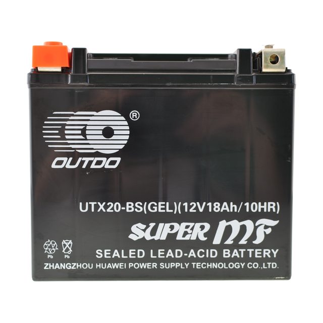 YTX20-BS-gelaccu voor motoren, van voren met beide accupolen in beeld