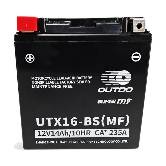 OUTDO UTX16-BS, YTX16-BS-motoraccu van voren met beide accupolen in beeld