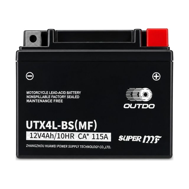 OUTDO UTX4L-BS, YTX4L-BS-motoraccu van voren met beide accupolen in beeld
