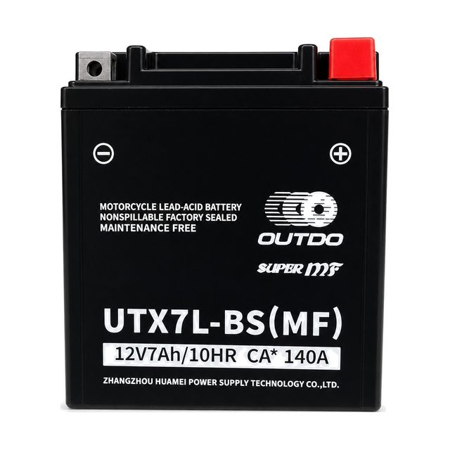 OUTDO UTX7L-BS, YTX7L-BS-motoraccu van voren met beide accupolen in beeld