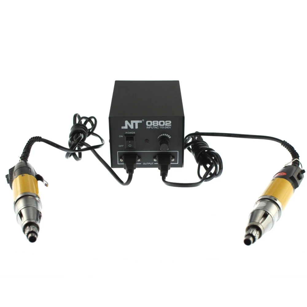 Detalle de los 2 destornilladores eléctricos con puntas intercambiables en base dual