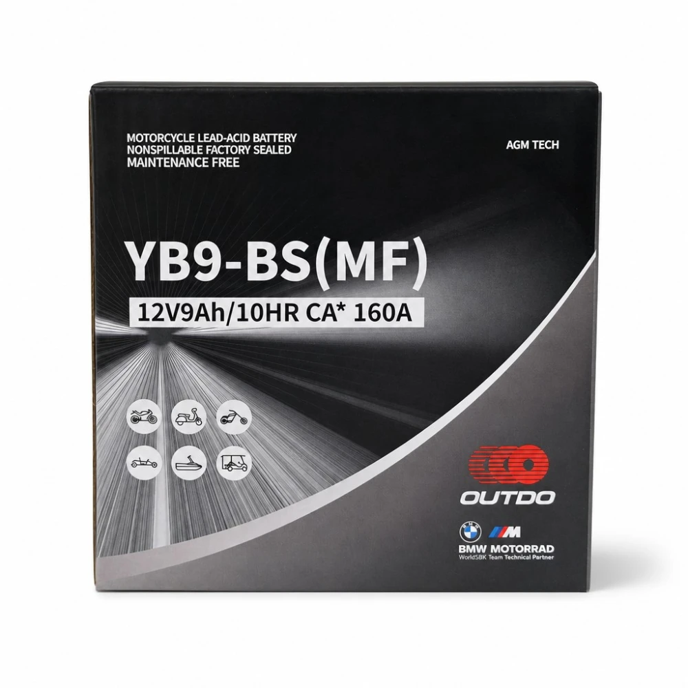 Motoraccu AGM 12V 9Ah OUTDO YB9-BS(MF) - Compatibel met Yuasa YB9-B / GS GM9Z-3B-1 / GS YB9-B / 12N9-4B-1 (flooded)