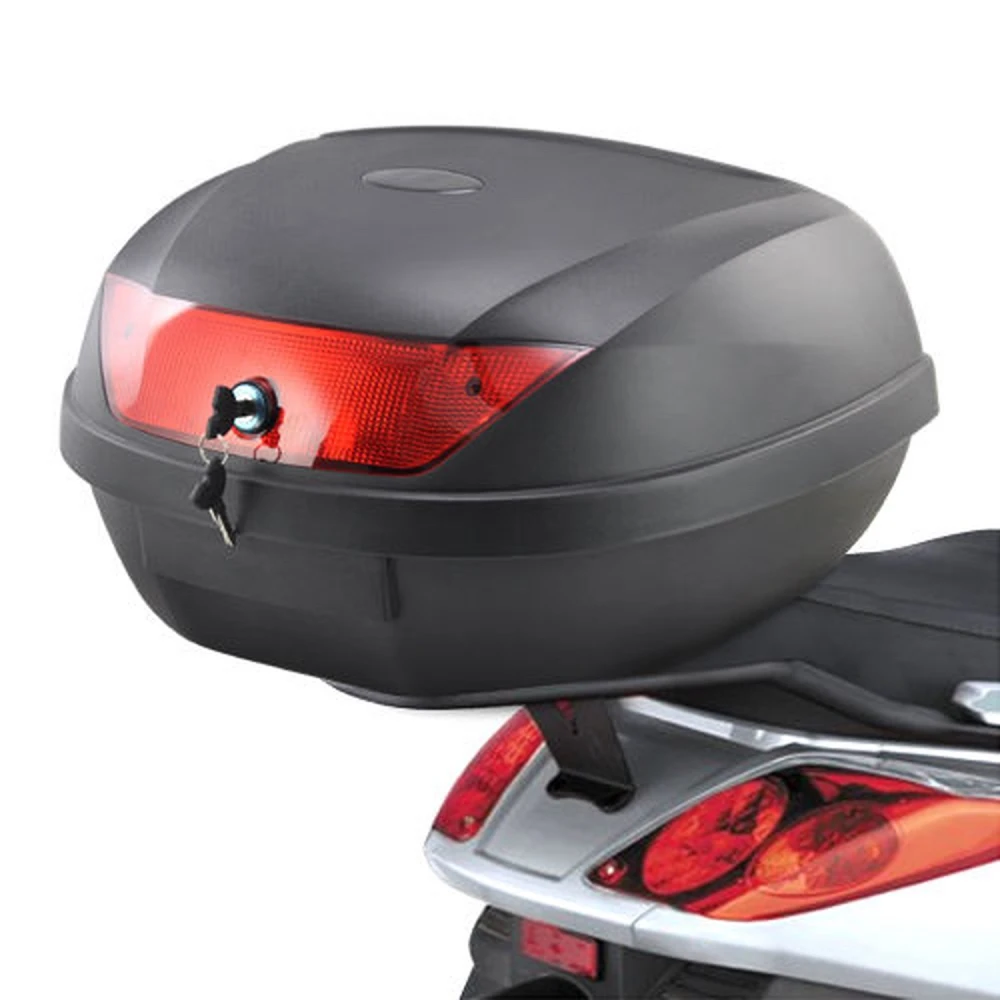 Baúl robusto para motocicleta con reflectantes integrados y placa de montaje