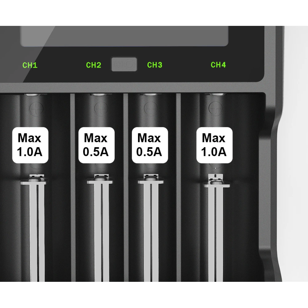Detalle de la pantalla LCD estilo tacómetro del cargador XTAR VC4