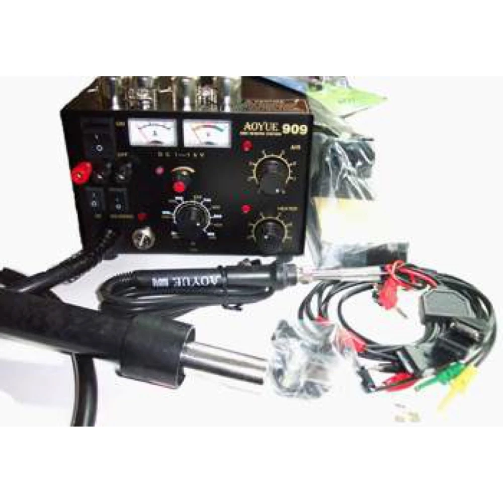 Vista frontal de la estación de soldadura Aoyue 909 con controles analógicos