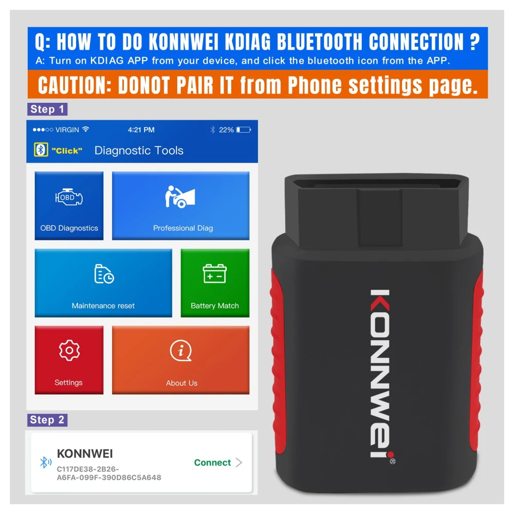 Dispositivo KONNWEI KDIAG mostrando resultados de diagnóstico en iOS