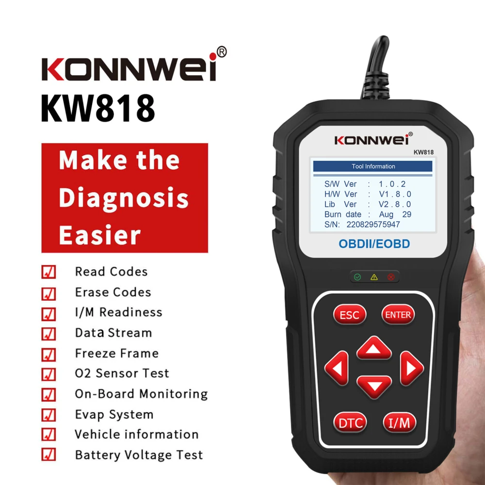 KONNWEI KW818 OBD2 scanner: OBDII code reader voor auto's vanaf 1996