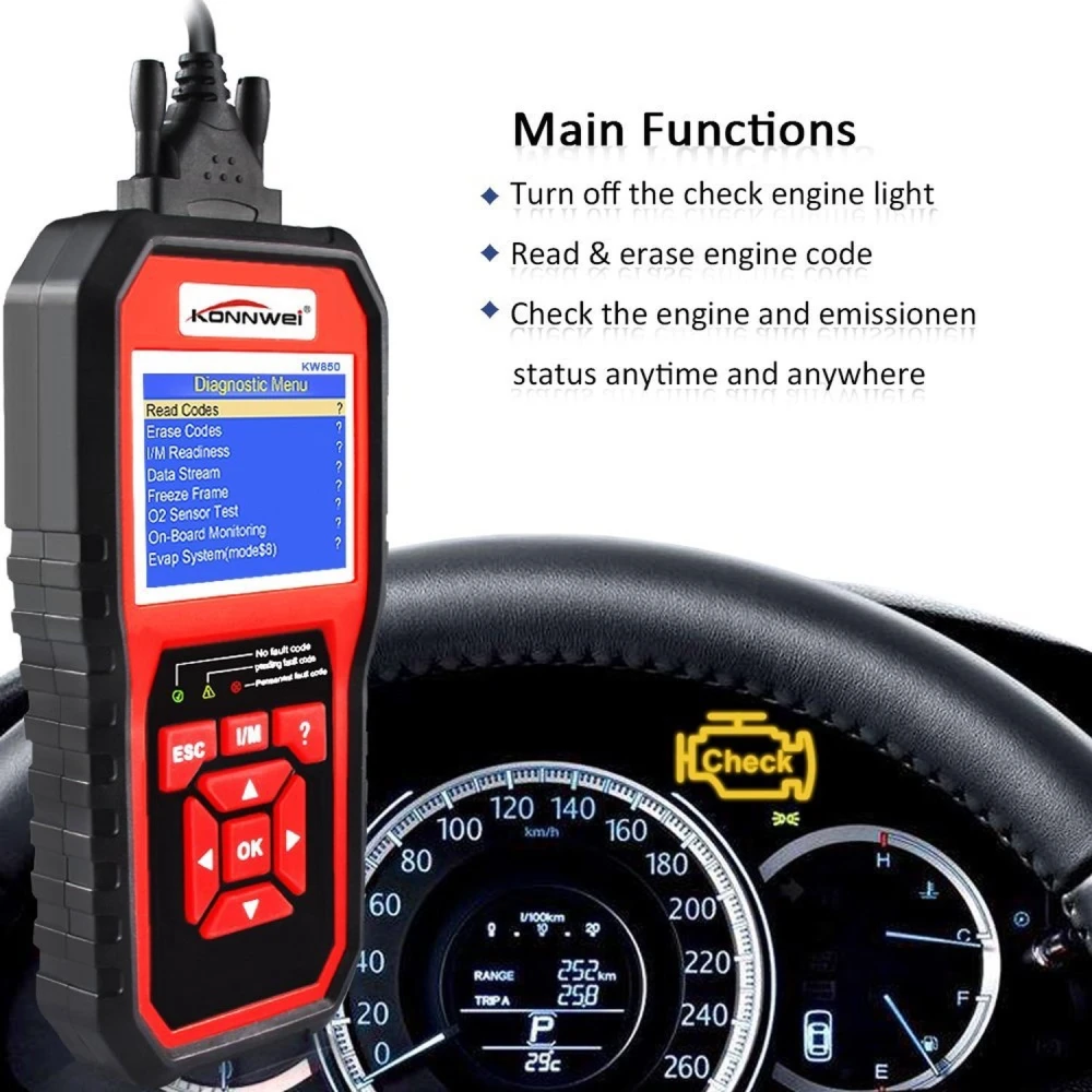 Escáner KW850 OBD2 conectado a vehículo para lectura de códigos