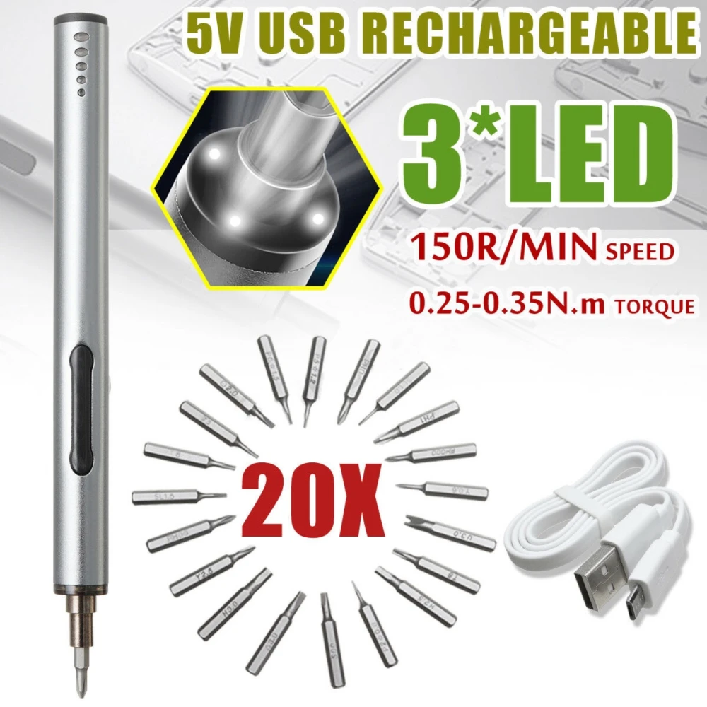 Mini elektrische schroevendraaier draadloos USB oplaadbaar 3 LED multifunctioneel 22-in-1 set