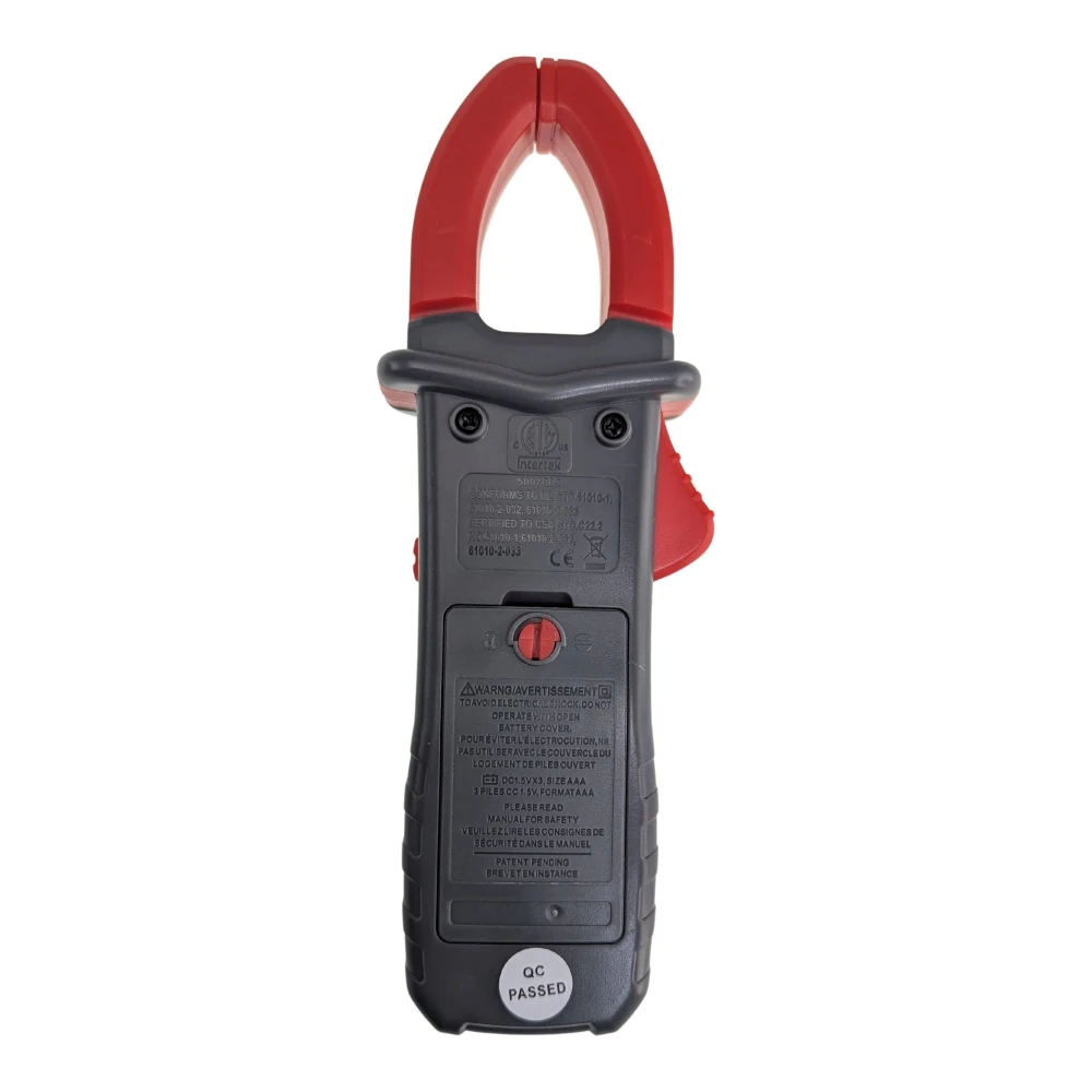 Vista frontal del Multímetro Digital de Pinza UA2008B mostrando su pantalla iluminada