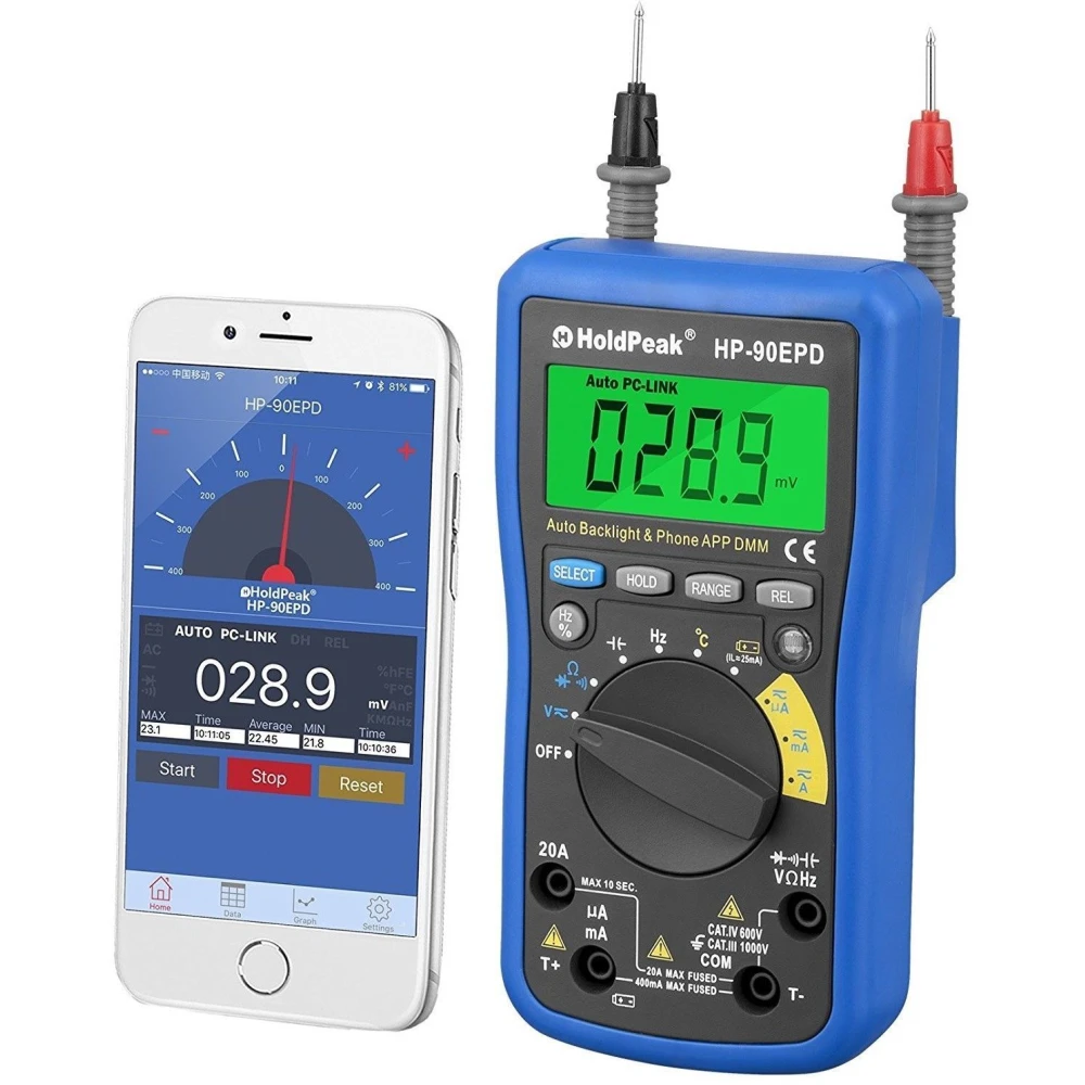 Digitale multimeter HoldPeak HP-90EPD met app en auto range