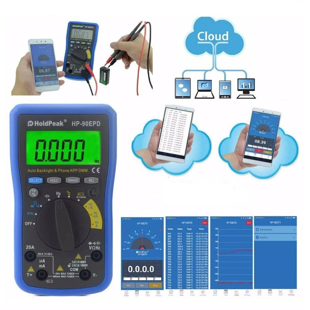 Detalle del multímetro digital HoldPeak HP-90EPD mostrando pantalla y botones