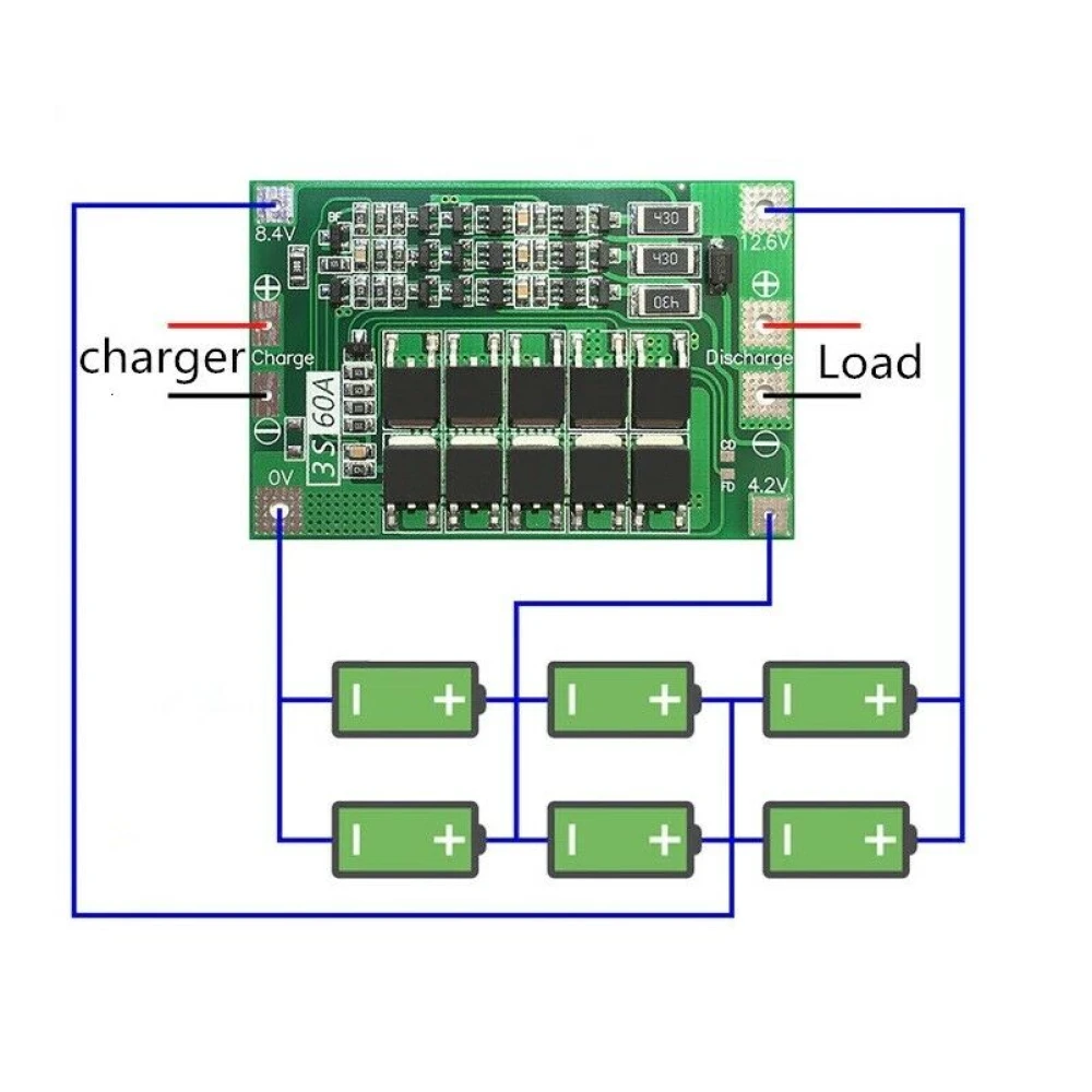 Detalle de la placa equilibrada para batería de litio 3S 60A