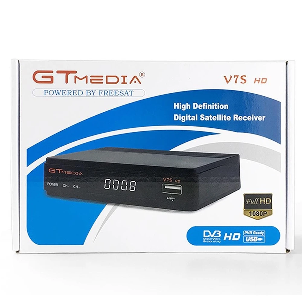 Vista lateral del receptor satélite GTMEDIA Freesat V7S HD con USB WiFi