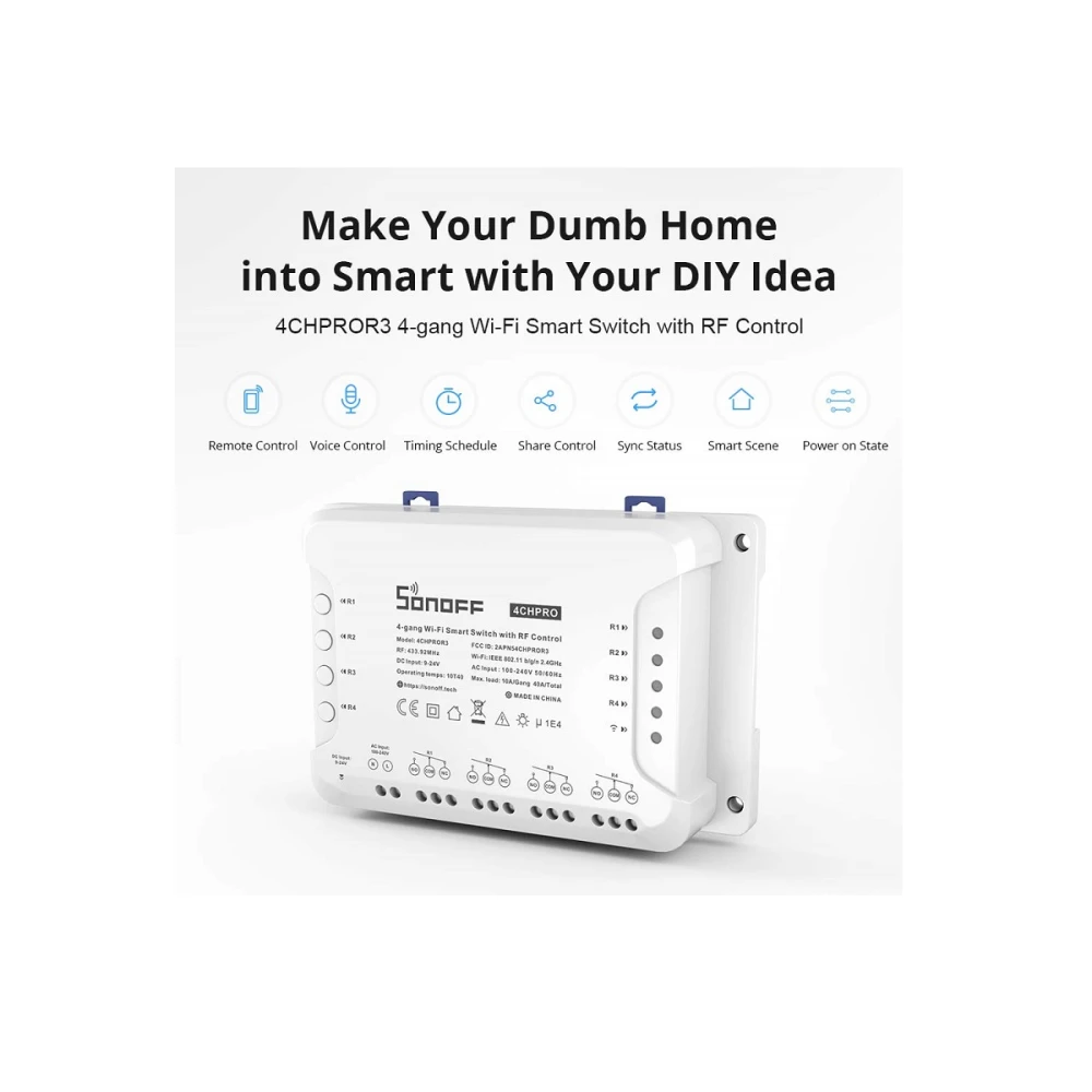 Sonoff 4CH Pro R3 wifi-schakelaar 4 kanalen voor domotica