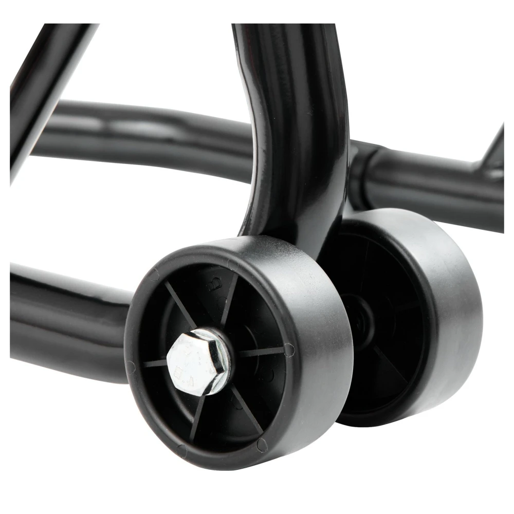 Detalle de ruedas de polipropileno del soporte elevador para motos